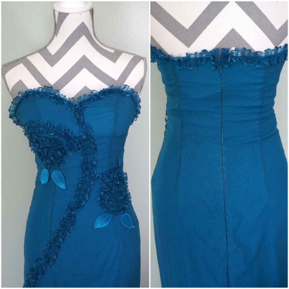 HANNAH S Blue Silk Floral Strapless Prom Dress - Picture 3 of 8